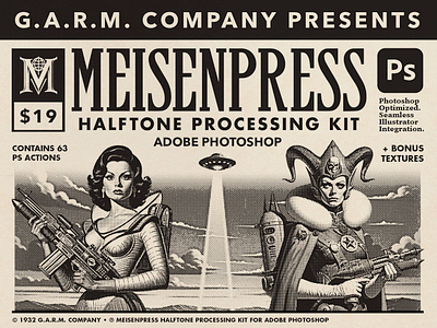 MEISENPRESS Halftone Processing Kit g.a.r.m. company growcase hafltone effects halftone processing kit halftones illustration photography photoshop action photoshop actions ps action ps actions retro vintage