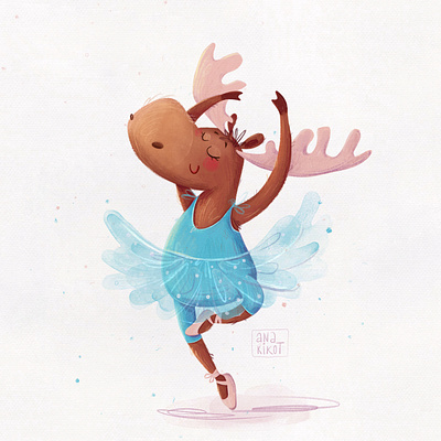 Dancing moose animal art ballerina cartoon character character design children book illustrator concept cute dancing digital illustration editorial fun illustration kids mascot moose poster print texture