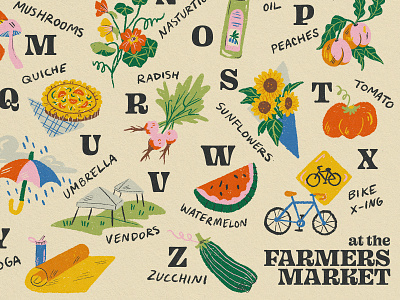 ABCs at the Farmers Market abc alphabet bike design farm farmers market flower food fruit handmade illustration lettering market outside plant poster print texture type veggie