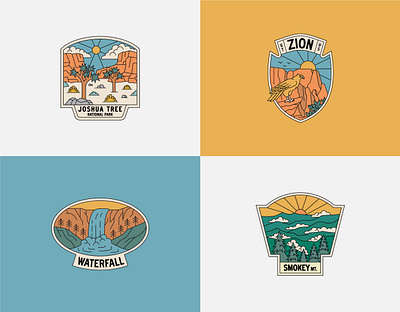 Ranger Station - Badges badge badges branding design geometric graphic design hat illustration line lineart logo minimal monoline mountain national parks outdoor patch ranger station sticker waterfall