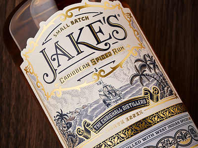 Jake's Carribean Rum badge design engraving etching graphic design illustration illustrator label design packaging design peter voth design premium packaging spirits design