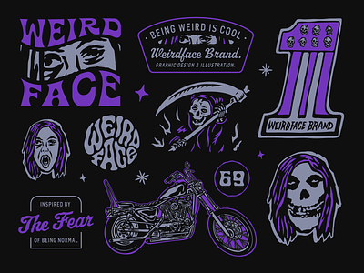 WEIRDFACE BRAND / BRAND KIT badges black sabbath brand kit branding clothing brand design design studio graphic design harley davidson heavy metal illustration logo merch design merchandising misfits t shirts vector visual identity weirdface brand