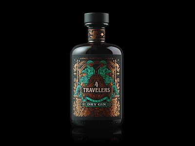 4 Travelers Gin bottle branding design fantasy gin graphic design illustration label rum space vintage vodka whiskey