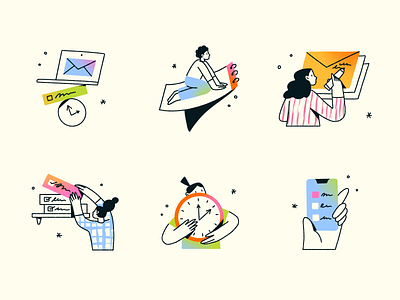 Productivity Spot Illustrations accent app art calendar character color email gradient illustrations letter management marketing outline phone product productivity task time