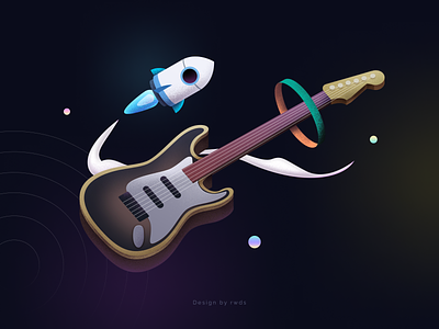 Music ai guitar illustration isometric music phonograph record rocket web3