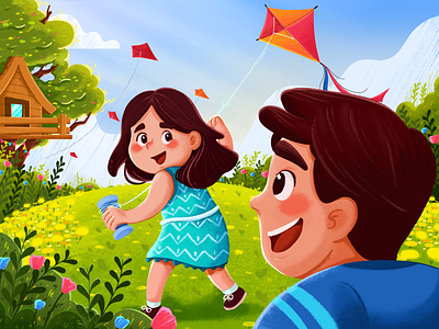 Whispers in the Wind art artwork character childhood children illustration design digital art digital illustration flower friends fun illustration graphic design green and blue illustration kites playful illustration