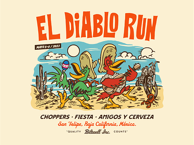 EL DIABLO RUN 2023 artwork baja california beer biltwell branding choppers design el diablo run graphic design harley davidson illustration letters merchandising mexico motorcycle t shirt tacos type vector