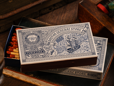 Boston General Store (Safety Matches) badge boston general store branding design engraving etching illustration illustrator line art packaging packaging design peter voth design safety matches vector