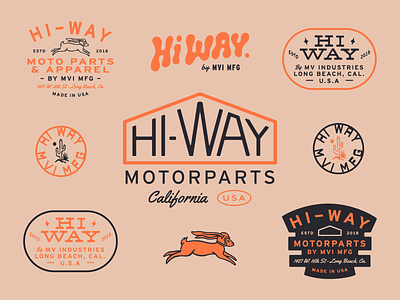 HI-WAY MOTORCYCLE PARTS & APPAREL apparel brand badges brand identity branding cactus california clothing brand desert girl beauty graphic design hares harley davidson illustration jack rabbit logo design