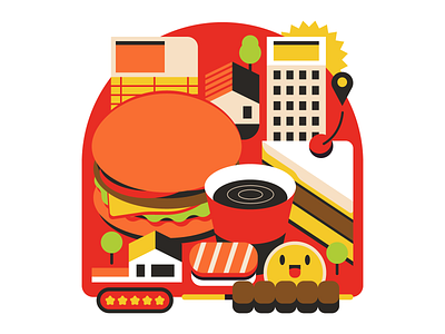 City Pop City Food architecture branding cake city coffee design digital editorial food hamburger home house icon illustration indonesia smile star sushi ui vector