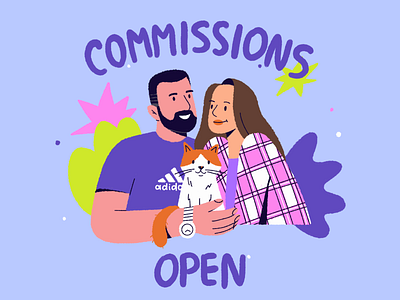 Commissions open! Book yours now art character colorful commissions commissions open couple custom design flat gift illustration illustrative illustrator open portrait present